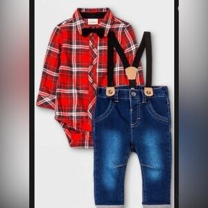 Cat & Jack Red Plaid Shirt with Black Suspenders
